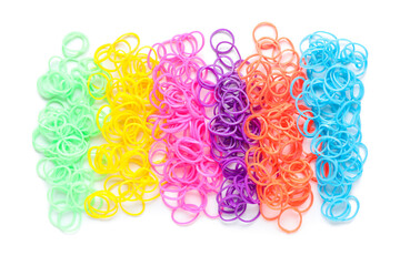Different office rubber bands on white background
