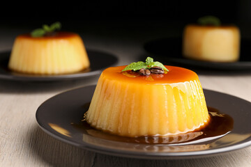 Plate of delicious caramel pudding with coffee beans and mint on white wooden table, closeup