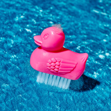 pink duck on a puddle of soap foam