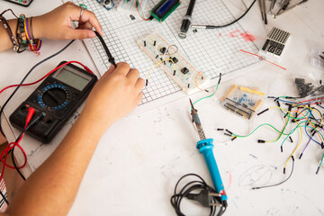 View of electronics components on a table