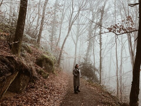 woman walking in winter in a forest
