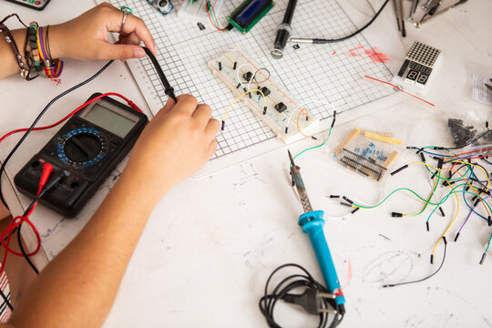 View of electronics components on a table