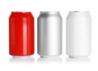 Aluminum cans with drinks on white background