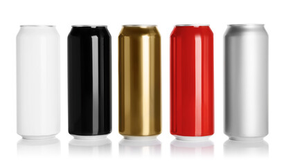 Set of aluminum cans with drinks on white background