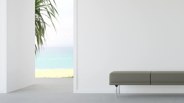 Empty arch door on concrete floor in modern beach house or apartment. Home interior 3d rendering of bright living room with sea view background.