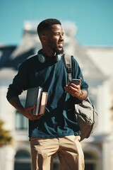 Student, phone and happy on college, university and school campus with bag, textbook and smile outdoor. Black man, scholarship and education with lecture schedule online and happy with exam result