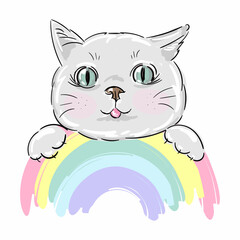 Cute cartoon cat boy or girl on rainbow and for print graphic T-shirt.