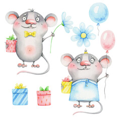 A set of cute little mice with balloons, flowers and gifts. Watercolor illustration.