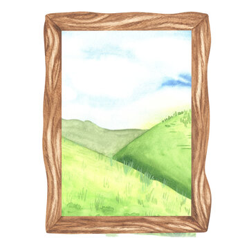 Picture in a wooden frame on which a landscape with green meadows. Green hill and blue sky. Watercolor illustration. Isolated on a white background. For your design stickers, organic products etc