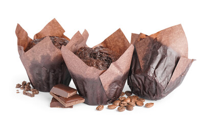 Delicious chocolate muffins isolated on white background
