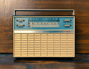 old yellow radio on wooden table