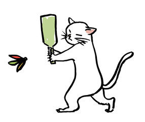 羽子板でボレーをする猫