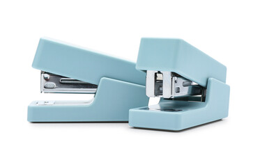 Blue staplers isolated on white background