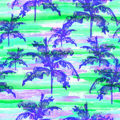 Rainforest seamless pattern with palm trees on abstract watercolor background