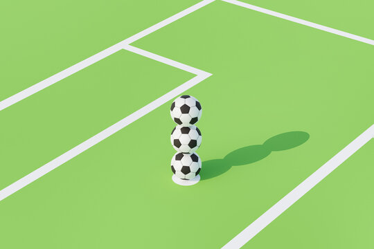 3D render of soccer concept. Stacked soccer balls on field.