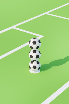 3D render of soccer concept. Stacked soccer balls on field.