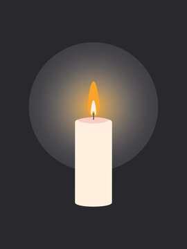 Lit wax candle with fire flame isolated on black vertical background. The concept of a minute of silence and respect for the memory of the dead. Ukraine without electricity. Vector.