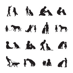 Kids dogs silhouettes, Children with dogs silhouettes