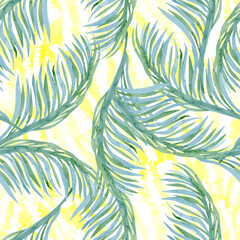 Fototapeta na wymiar Abstract watercolor palm branches on yellow background seamless pattern