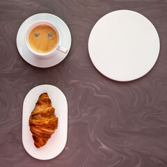 Round coasters made of artificial stone tabletop. Food stan.	 Grocery counter. View from above. Food mill. Breakfast with a cup of coffee and a croissant.