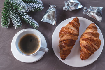 Round coasters made of artificial stone tabletop. Food stan.	Grocery counter. View from above. Food mill. Breakfast with a cup of coffee and croissants.
