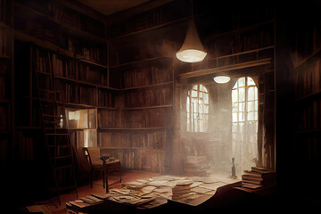 AI generated image of an old abandoned dusty room with books strewn around and cobwebs hanging 