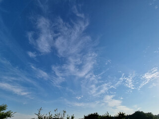 It is a blue sky with pretty  clouds.
