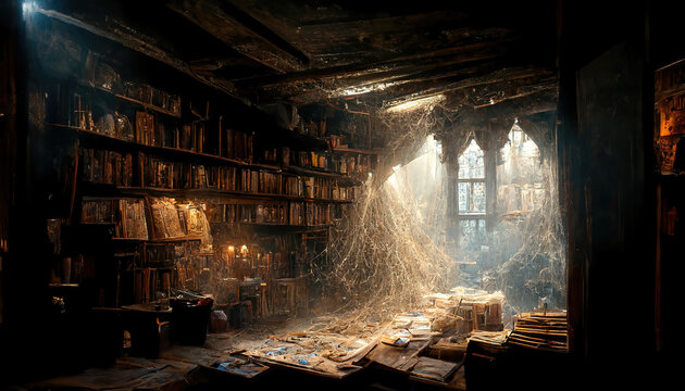 AI generated image of an old abandoned dusty room with books strewn around and cobwebs hanging 