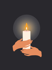Ukraine without electricity and heat in 2022. A burning candle in the hands of the Ukrainian people on a black vertical background illuminates and warms their home. Vector.