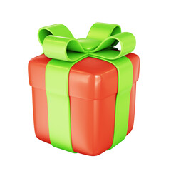 Gift box icon. 3d render of red gift box with green bow in cartoon style