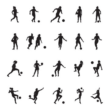 Women Soccer player silhouette, girl player vector, female soccer football player silhouette -V02.  
