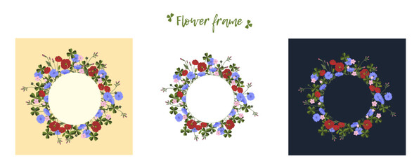 Set Wild herbs and flowers colorful round frame with space for text in the middle. Three colors are various Vector illustration cut out