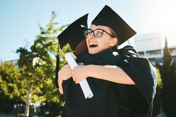 Hug, graduation and students smile, success for achievement and happy outdoor in gown. Female...