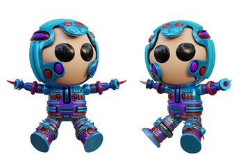 3D RENDERING ILLUSTRATION. CUTE DESIGN ROBOT CYBORG ANDROID CHARACTER ISOLATED WHITE BACKGROUND. SPACEMAN ASTRONAUT CARTOON METAL PLASTIC AI MACHINE TECHNOLOGY GAME MODEL FIGURE ART TOY.
