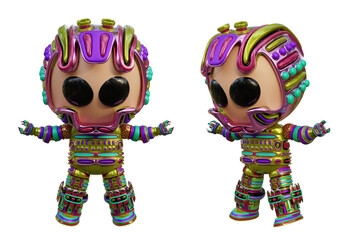 3D RENDERING ILLUSTRATION. CUTE DESIGN ROBOT CYBORG ANDROID CHARACTER ISOLATED WHITE BACKGROUND. SPACEMAN ASTRONAUT CARTOON METAL PLASTIC AI MACHINE TECHNOLOGY GAME MODEL FIGURE ART TOY.
