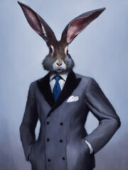 Portrait of a Rabbit man in a costume. Anthropomorphic rabbit. Digital painting.