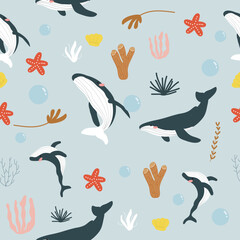 flat illustration of whale and sea world seamless pattern