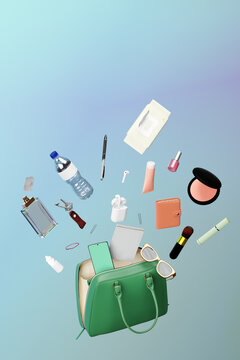 Feminine accessories coming out of a handbag. Purse contents