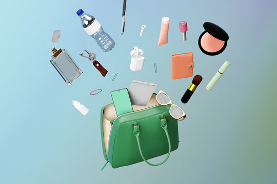 Feminine accessories coming out of a handbag. Purse contents