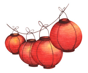 Traditional Chinese lantern.  Watercolor illustration. © Khaneeros