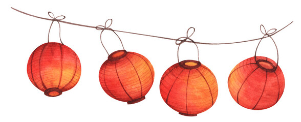 Traditional Chinese lantern.  Watercolor illustration.
