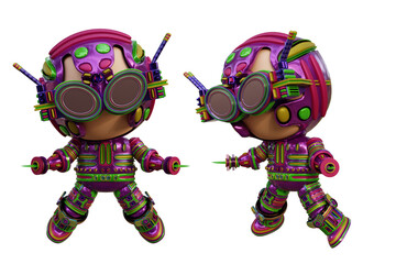3D RENDERING ILLUSTRATION. CUTE DESIGN ROBOT CYBORG ANDROID CHARACTER ISOLATED WHITE BACKGROUND. SPACEMAN ASTRONAUT CARTOON METAL PLASTIC AI MACHINE TECHNOLOGY GAME MODEL FIGURE ART TOY.
