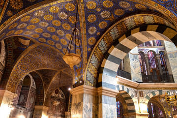 Beautiful architecture inside the octagon-shaped interior of the Aachen Cathedral, which is listed under the world heritage sites fo the UNESCO - obrazy, fototapety, plakaty