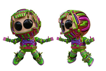 3D RENDERING ILLUSTRATION. CUTE DESIGN ROBOT CYBORG ANDROID CHARACTER ISOLATED WHITE BACKGROUND. SPACEMAN ASTRONAUT CARTOON METAL PLASTIC AI MACHINE TECHNOLOGY GAME MODEL FIGURE ART TOY.
