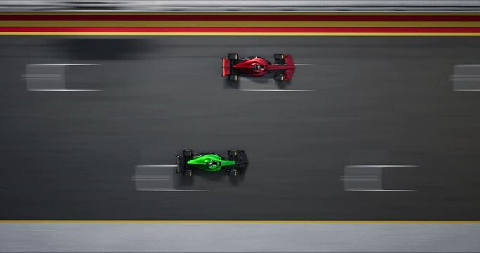 Speed Racing Car Drive on Winding Race Track to the Finish Line. Race go Karts Competition. Aerial View. Speed and Sport Concept. 3D Rendering