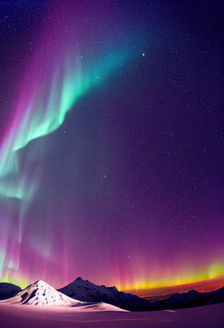 Snow mountains with background of Milky way , Huge aurora hanging in the clean dark purple night sky, sparkling stars as charming as diamonds, towering snow mountains, covered with layers of white sno