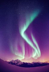 Deurstickers Noorderlicht Sneeuwbergen met achtergrond van de Melkweg, enorme aurora hangend in de schone donkerpaarse nachtelijke hemel, sprankelende sterren zo charmant als diamanten, torenhoge sneeuwbergen, bedekt met lagen witte sno