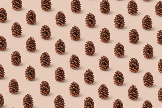Pine cones repeated pattern on beige background.