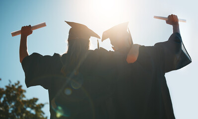 Success, graduate and friends with diploma, hug and support from education at a university....