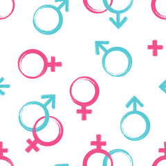 Female and Male gender symbols. Blue and pink ink brush and paint texture